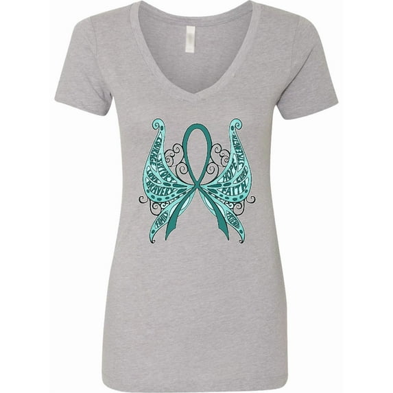 Inktastic Ovarian Cancer Awareness with Butterfly Ribbon Words Women's V-Neck T-Shirt