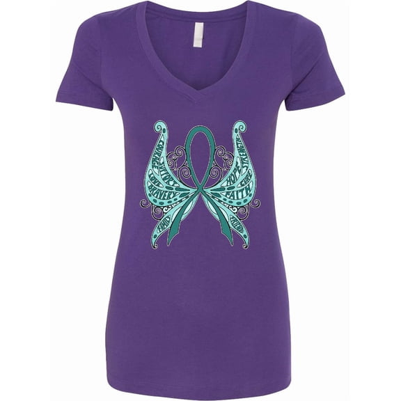 Inktastic Ovarian Cancer Awareness with Butterfly Ribbon Words Women's V-Neck T-Shirt
