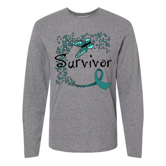 Inktastic Ovarian Cancer Survivor- Butterfly Ribbon Long Sleeve T-Shirt