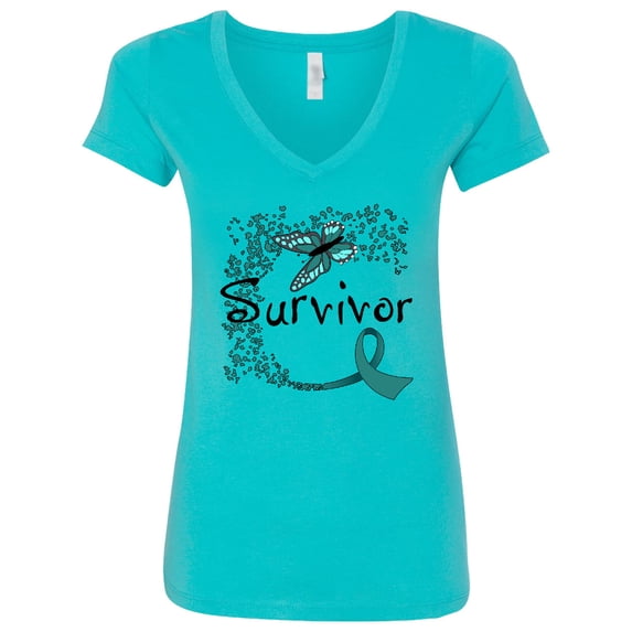 Inktastic Ovarian Cancer Survivor Butterfly Ribbon Women's V-Neck T-Shirt