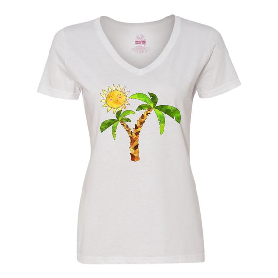 Inktastic Palm Trees with Cute Smiling Sun Women's V-Neck T-Shirt