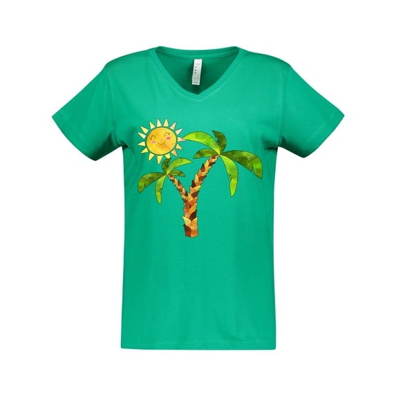 Inktastic Palm Trees with Cute Smiling Sun Women's V-Neck T-Shirt