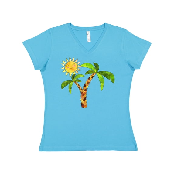 Inktastic Palm Trees with Cute Smiling Sun Women's V-Neck T-Shirt