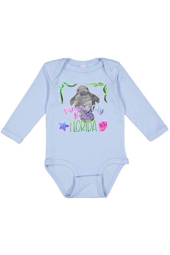 Panama City Beach Florida Cute Swimming Manatee Boys or Girls Long Sleeve Baby Bodysuit