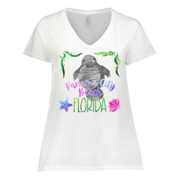 Inktastic Panama City Beach Florida Cute Swimming Manatee Women's Plus Size V-Neck T-Shirt