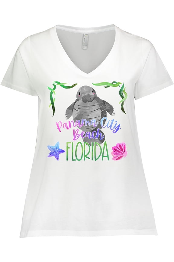 Panama City Beach Florida Cute Swimming Manatee Women's Plus Size V-Neck T-Shirt