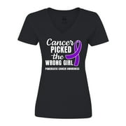 Inktastic Pancreatic Cancer Awareness Cancer Picked the Wrong Girl Women's V-Neck T-Shirt