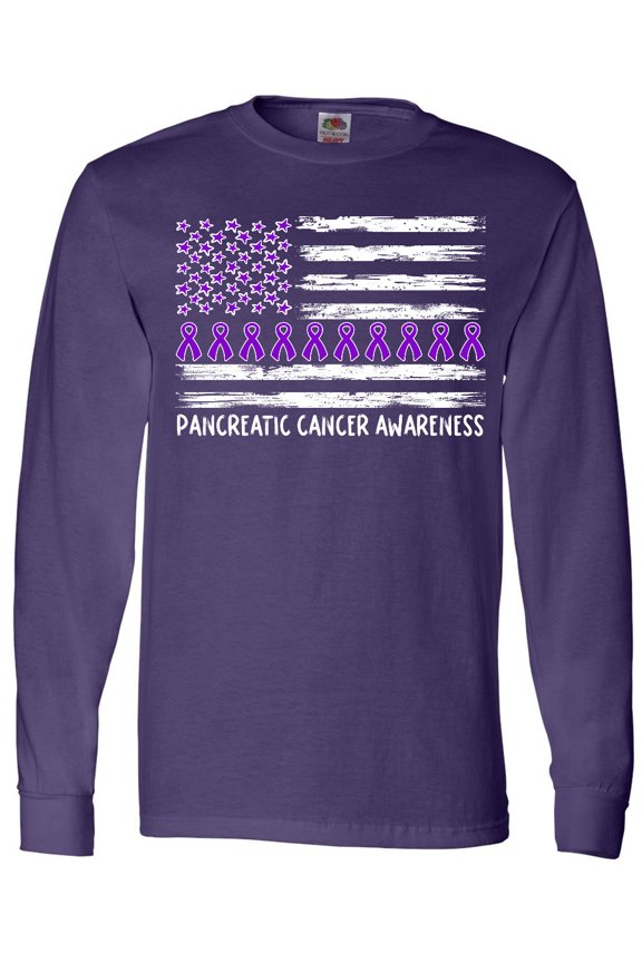 Pancreatic Cancer Awareness Purple Ribbons and Flag Long Sleeve T-Shirt