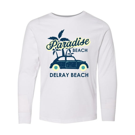 Inktastic Paradise Beach in Delray Beach with Palm Trees and Car Long Sleeve Youth T-Shirt