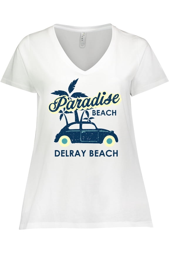 Paradise Beach in Delray Beach with Palm Trees and Car Women's Plus Size V-Neck T-Shirt