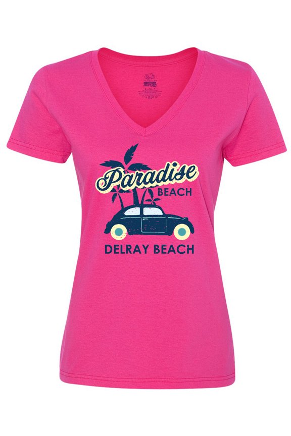Paradise Beach in Delray Beach with Palm Trees and Car Women's V-Neck T-Shirt