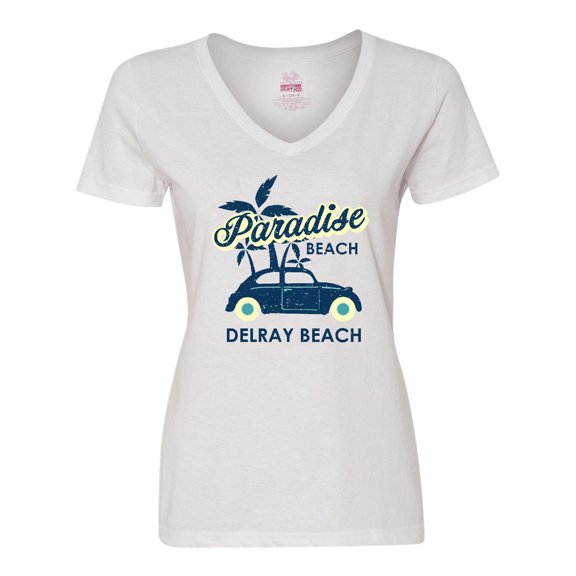 Inktastic Paradise Beach in Delray Beach with Palm Trees and Car Women's V-Neck T-Shirt