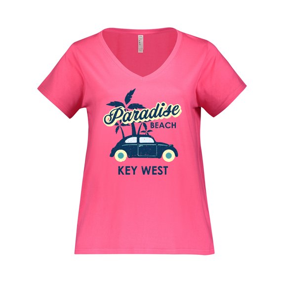 Inktastic Paradise Beach in Key West with Palm Trees and Car Women's Plus Size V-Neck T-Shirt