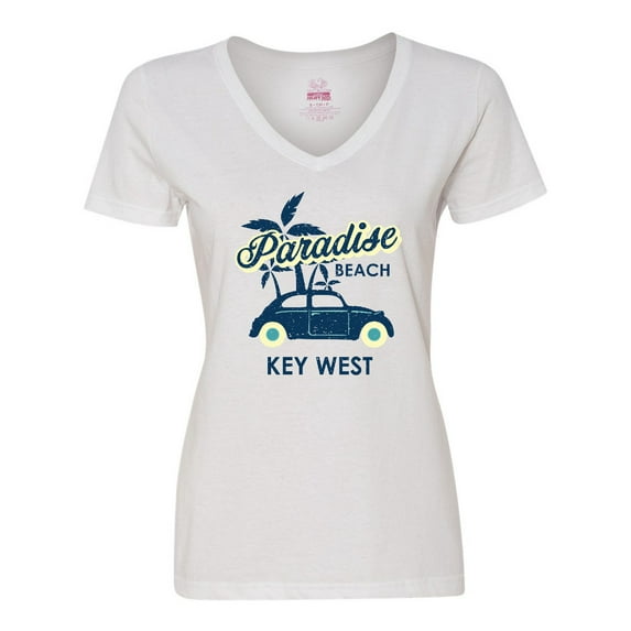 Inktastic Paradise Beach in Key West with Palm Trees and Car Women's V-Neck T-Shirt