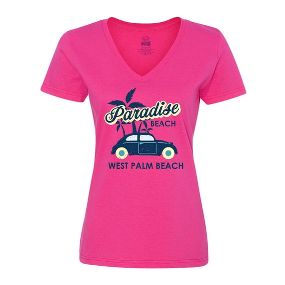 Inktastic Paradise Beach in West Palm Beach with Palm Trees and Car Women's V-Neck T-Shirt