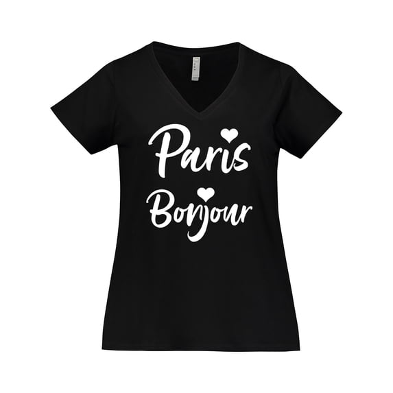 Inktastic Paris Bonjour with Hearts in White Text Women's Plus Size V-Neck T-Shirt
