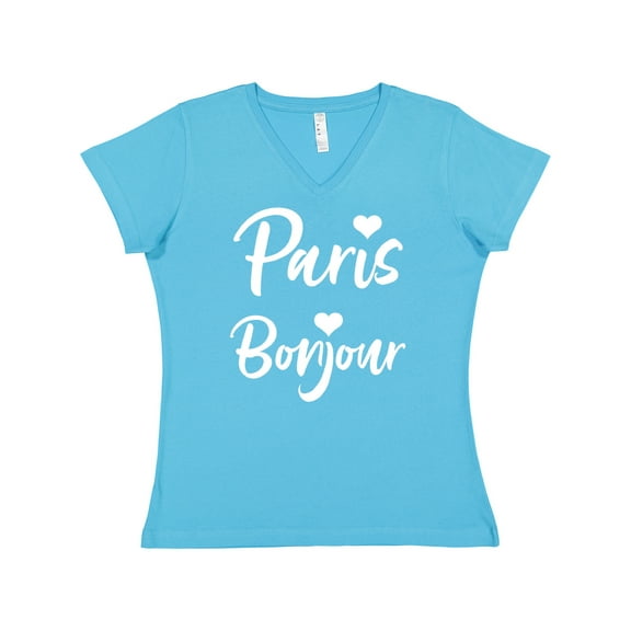 Inktastic Paris Bonjour with Hearts in White Text Women's V-Neck T-Shirt