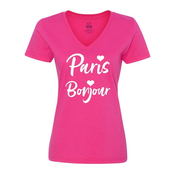 Inktastic Paris Bonjour with Hearts in White Text Women's V-Neck T-Shirt