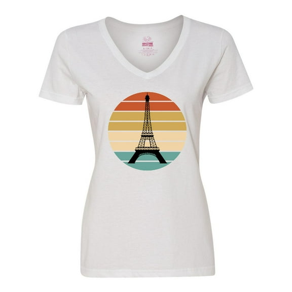Inktastic Paris Eiffel Tower Retro Sunset Women's V-Neck T-Shirt