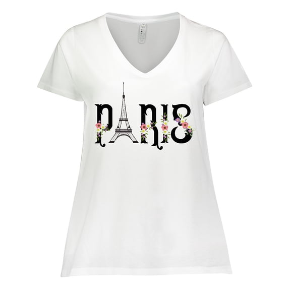 Inktastic Paris Eiffel Tower with Flowers Women's Plus Size V-Neck T-Shirt