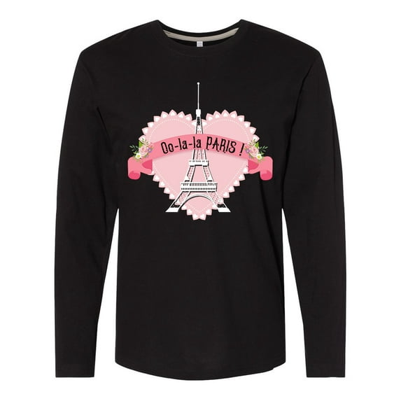 Inktastic Paris Oo-la-la with Eiffel Tower and Flowers in Pink Heart Long Sleeve T-Shirt