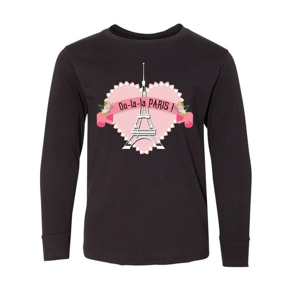 Inktastic Paris Oo-la-la with Eiffel Tower and Flowers in Pink Heart Long Sleeve Youth T-Shirt