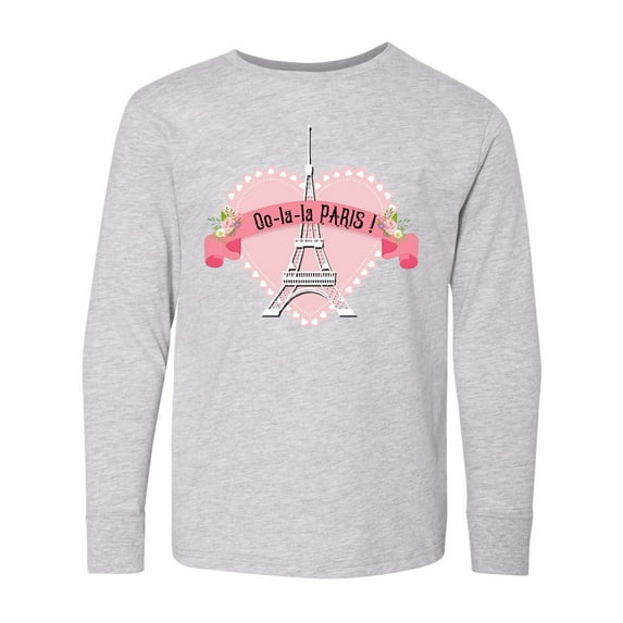 Inktastic Paris Oo-la-la with Eiffel Tower and Flowers in Pink Heart Long Sleeve Youth T-Shirt
