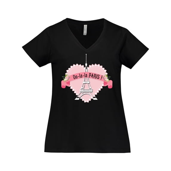 Inktastic Paris Oo-la-la with Eiffel Tower and Flowers in Pink Heart Women's Plus Size V-Neck T-Shirt