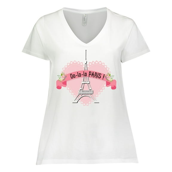 Inktastic Paris Oo-la-la with Eiffel Tower and Flowers in Pink Heart Women's Plus Size V-Neck T-Shirt