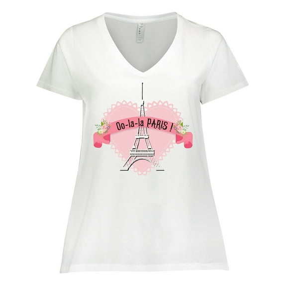 Inktastic Paris Oo-la-la with Eiffel Tower and Flowers in Pink Heart Women's Plus Size V-Neck T-Shirt