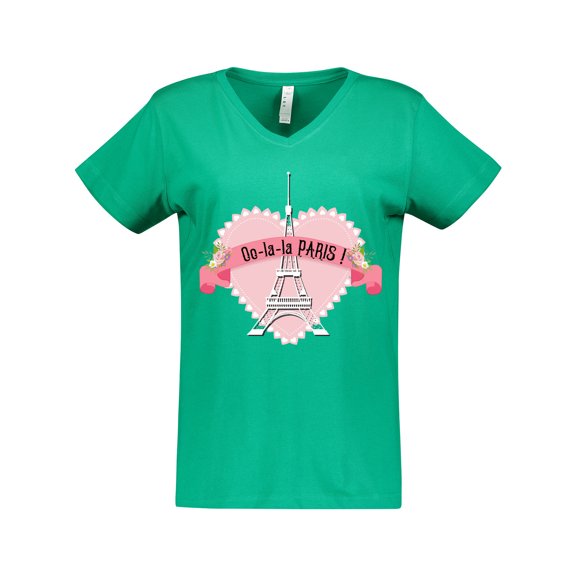 Inktastic Paris Oo-la-la with Eiffel Tower and Flowers in Pink Heart Women's V-Neck T-Shirt