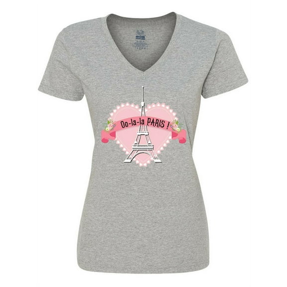 Inktastic Paris Oo-la-la with Eiffel Tower and Flowers in Pink Heart Women's V-Neck T-Shirt