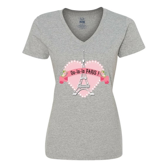 Inktastic Paris Oo-la-la with Eiffel Tower and Flowers in Pink Heart Women's V-Neck T-Shirt