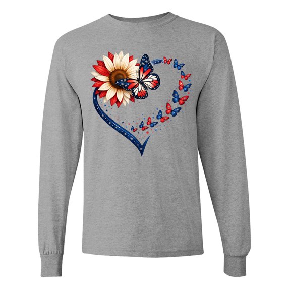 Inktastic Patriotic Butterfly Heart with Sunflower Long Sleeve T-Shirt