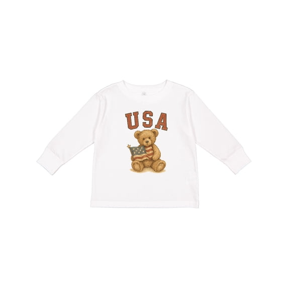 Inktastic Patriotic USA Teddy Bear with American Flag Boys or Girls Long Sleeve Toddler T-Shirt