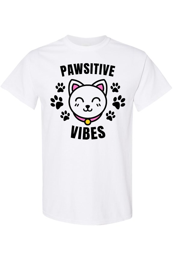 Pawsitive Vibes with Pawprints and Cat Face Cat Pun T-Shirt