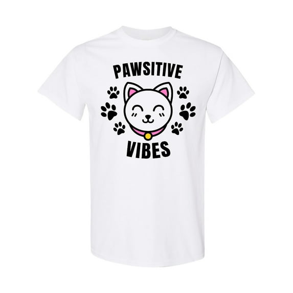 Inktastic Pawsitive Vibes with Pawprints and Cat Face Cat Pun T-Shirt