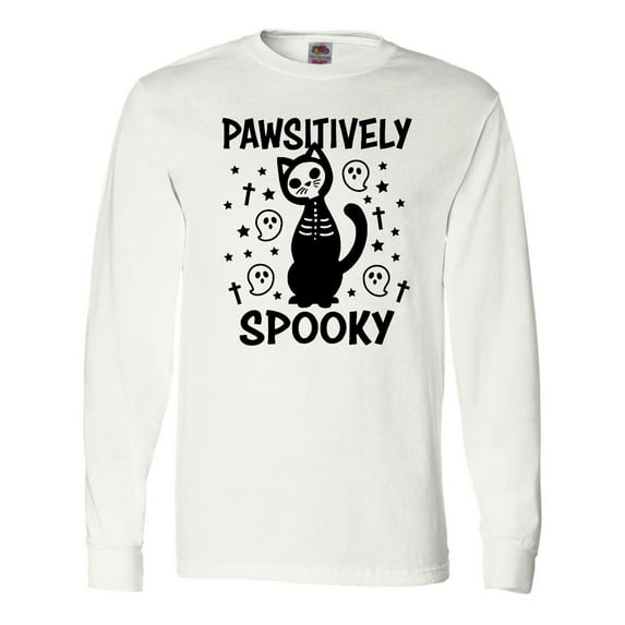 Inktastic Pawsitively Spooky Skeleton Cat with Ghosts and Crosses Long Sleeve T-Shirt