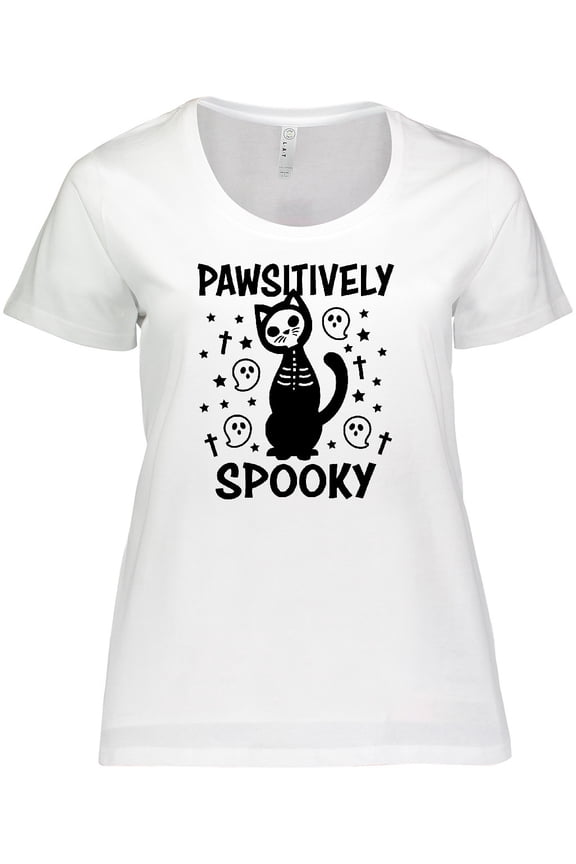 Pawsitively Spooky Skeleton Cat with Ghosts and Crosses Women's Plus Size T-Shirt