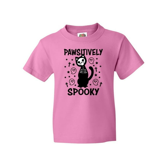 Inktastic Pawsitively Spooky Skeleton Cat with Ghosts and Crosses Youth T-Shirt