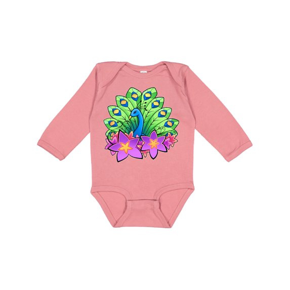 Inktastic Peacock and flowers Boys or Girls Long Sleeve Baby Bodysuit