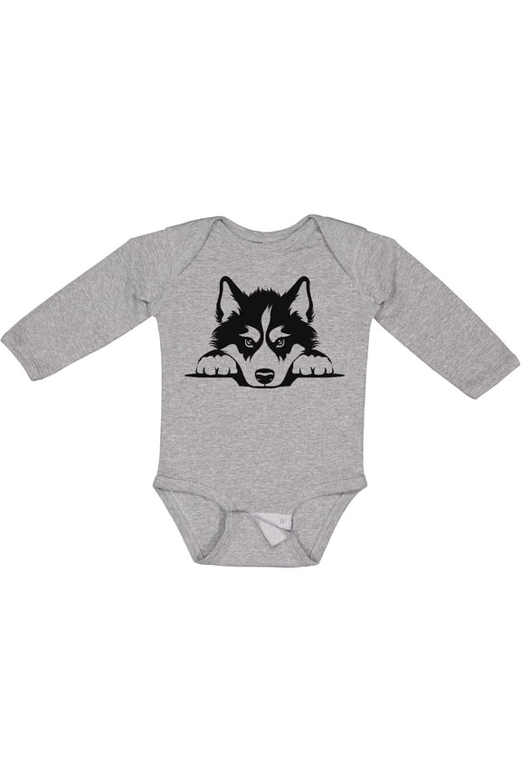 Peeking Siberian Husky Boys or Girls Long Sleeve Baby Bodysuit