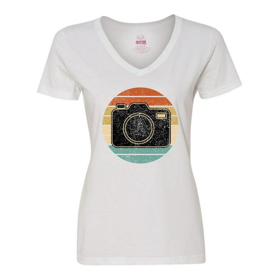 Inktastic Photographer Gift Retro Sunset Camera Women's V-Neck T-Shirt