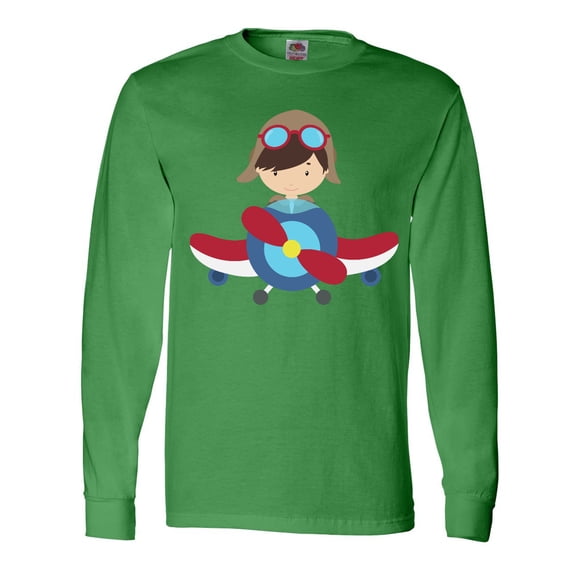 Inktastic Pilot Boy, Boy With Brown Hair, Boy In Airplane Long Sleeve T-Shirt