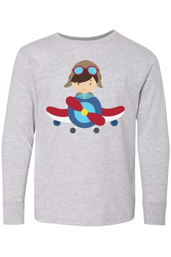 Pilot Boy, Boy With Brown Hair, Boy In Airplane Long Sleeve Youth T-Shirt