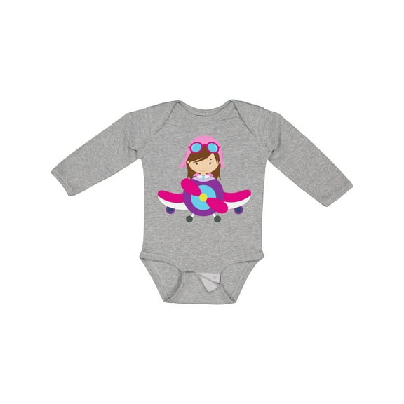Inktastic Pilot Girl, Airplane, Plane, Flying, Brown Hair Girls Long Sleeve Baby Bodysuit