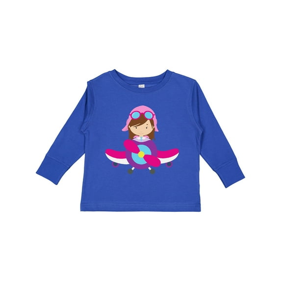 Inktastic Pilot Girl, Airplane, Plane, Flying, Brown Hair Girls Long Sleeve Toddler T-Shirt