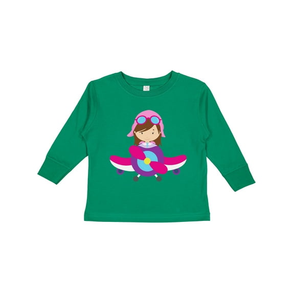Inktastic Pilot Girl, Airplane, Plane, Flying, Brown Hair Girls Long Sleeve Toddler T-Shirt