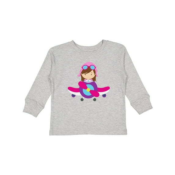 Inktastic Pilot Girl, Airplane, Plane, Flying, Brown Hair Girls Long Sleeve Toddler T-Shirt