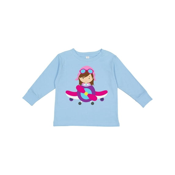Inktastic Pilot Girl, Airplane, Plane, Flying, Brown Hair Girls Long Sleeve Toddler T-Shirt